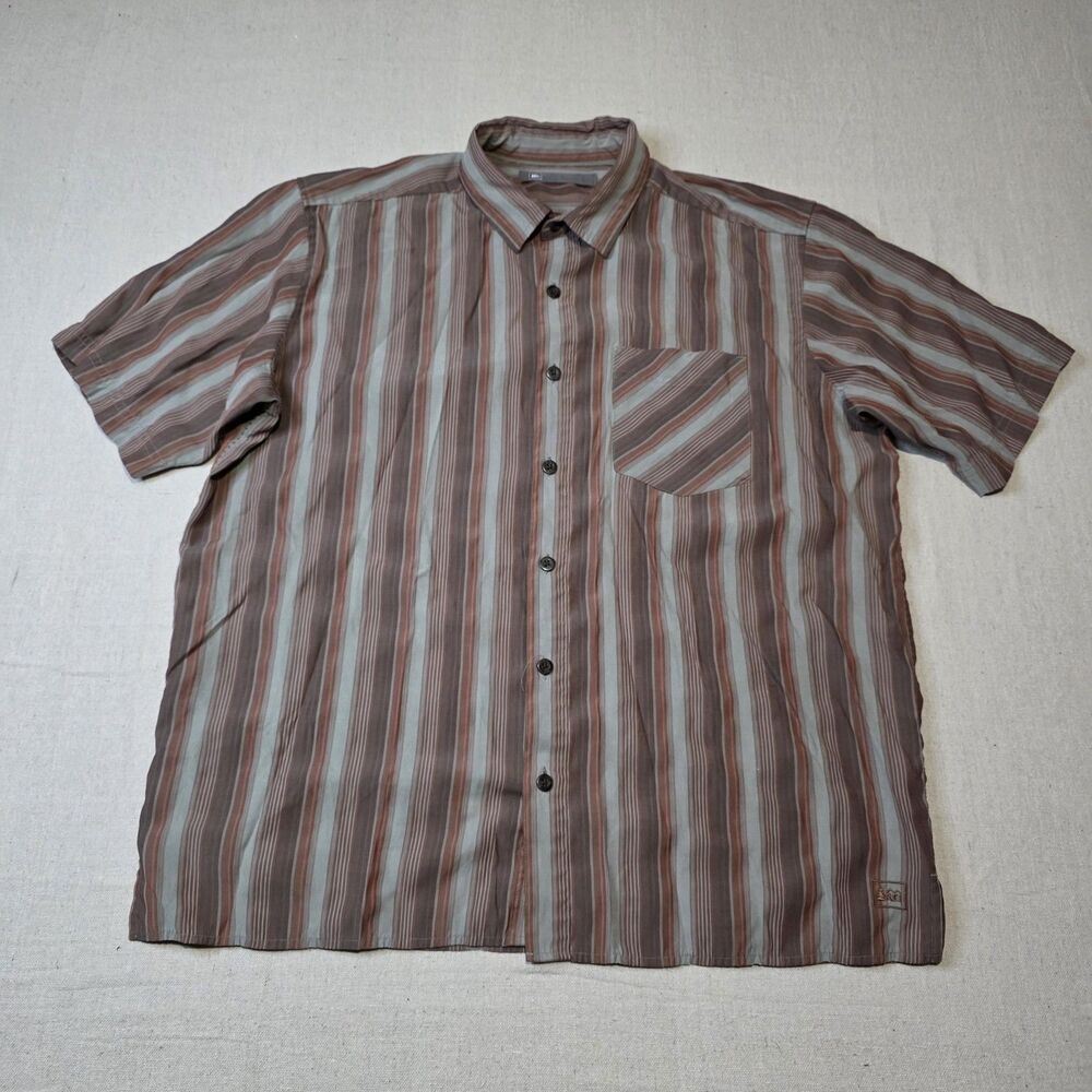 REI Mens Short Sleeve Button-Up Camp Shirt Size Large Grey/Brown Vertical Stripe